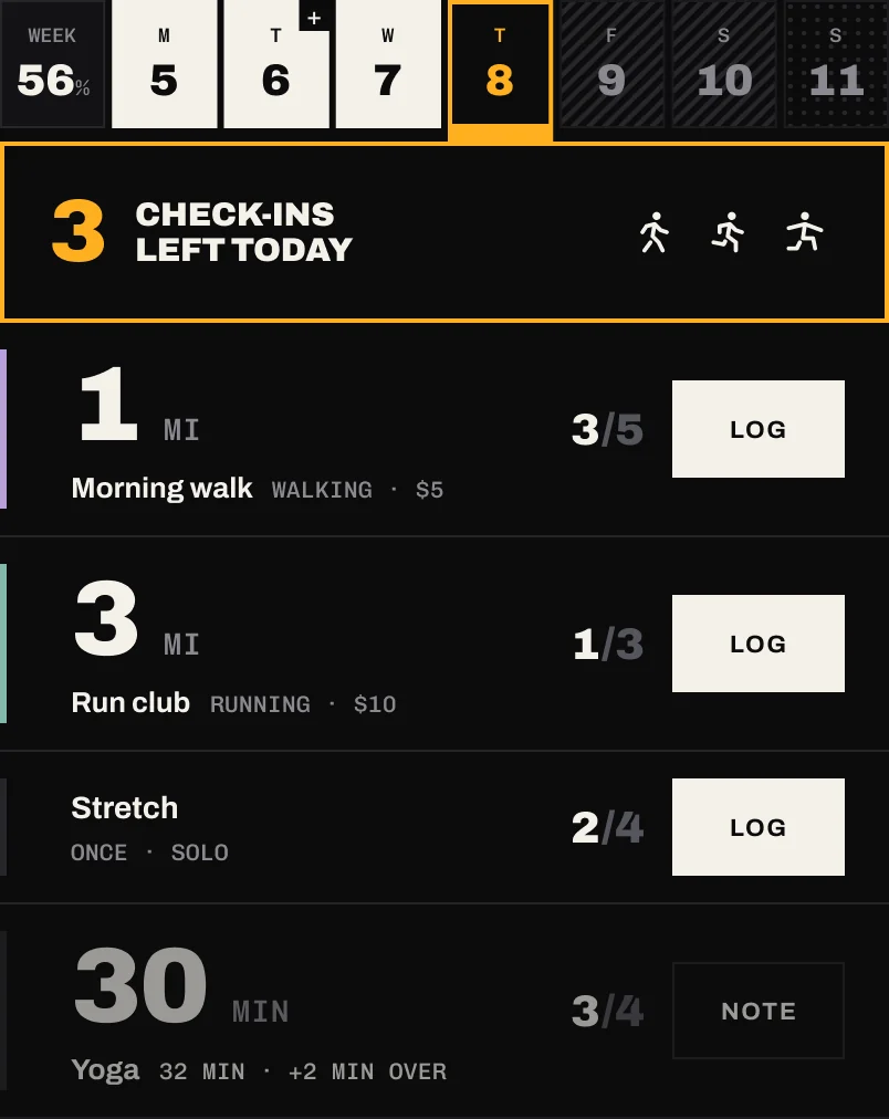 Today: three goals with how far along each one is this week and a LOG button.