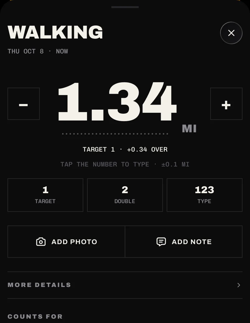 The log sheet: 1.34 miles of walking against a 1 mile target.