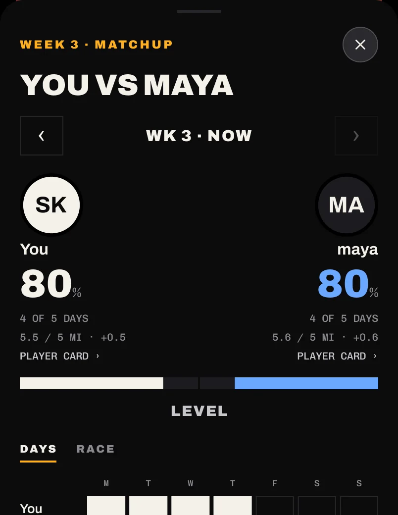 A matchup between you and maya, both at 80%, with NUDGE and TALK.
