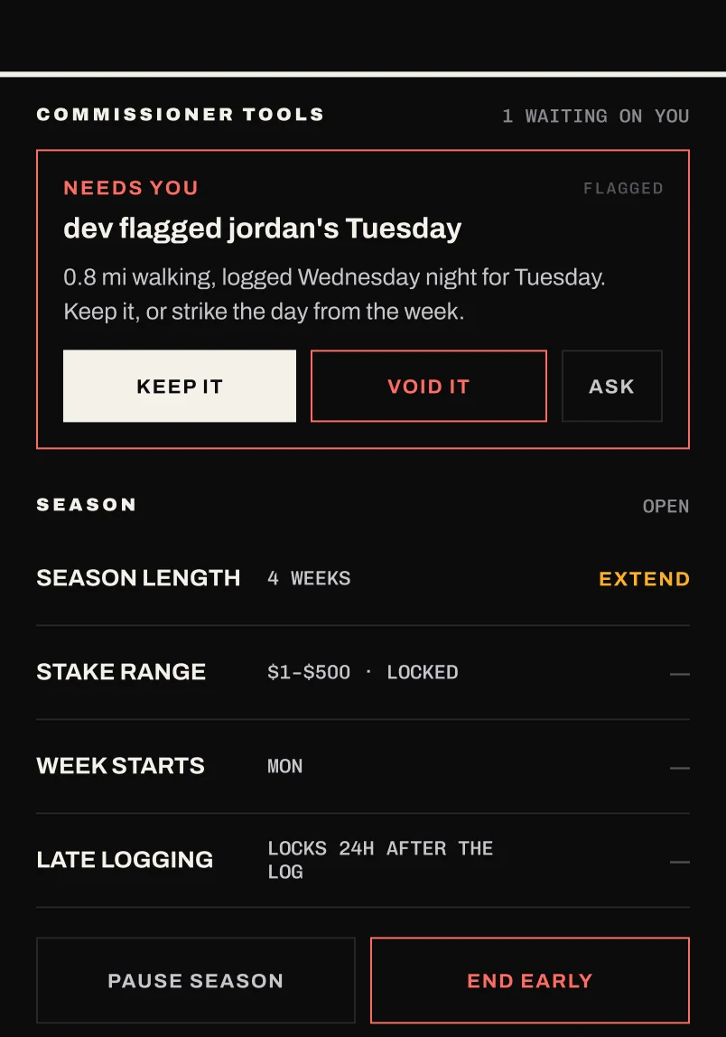 League settings: season length, stake range, when the week starts and how late a log can come in, with a flagged log waiting on the commissioner.