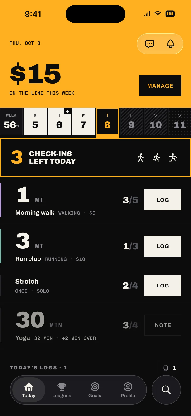 Today: $15 on the line this week, three check-ins left today, and each goal with how far along it is and a LOG button.